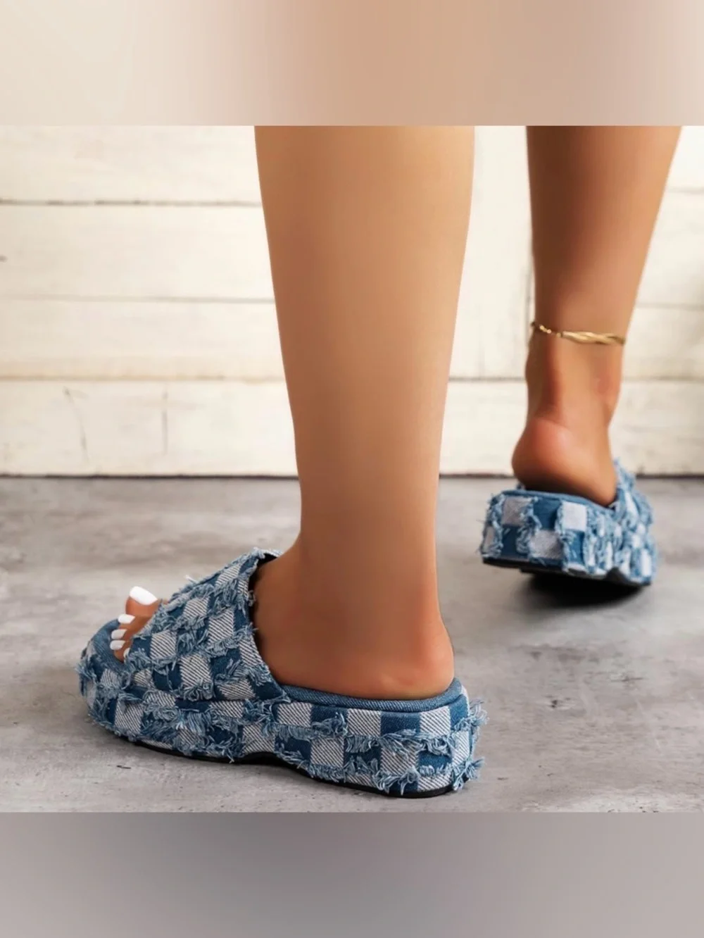 Checked Denim Platform Slide Mules - Blue Size 6 - Picture 3 of 7